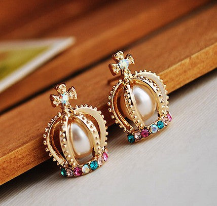 Crown Shape Colorful Rhinestone Stud Earrings - MeetYoursFashion - 1