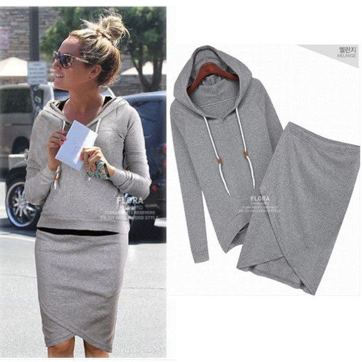 Two Pieces Sports Hoodie Knee-length Skirt Activewear Set - Meet Yours Fashion - 1