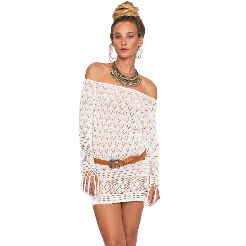 Long Sleeve Hollow Out Knitting Cover Up Beach Dress
